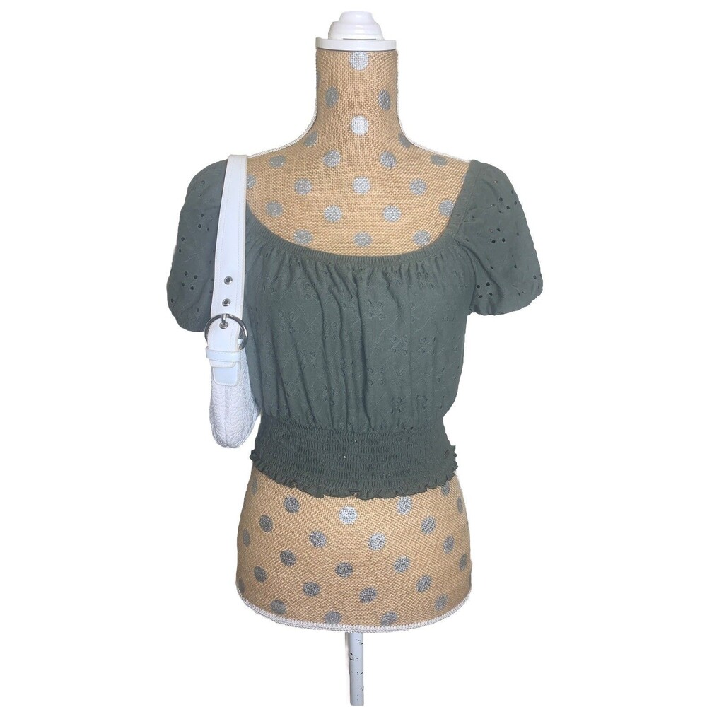 Y2K Hollister Ruched Top M Babydoll Cropped Coquette Puff Sleeves Tan Milkmaid